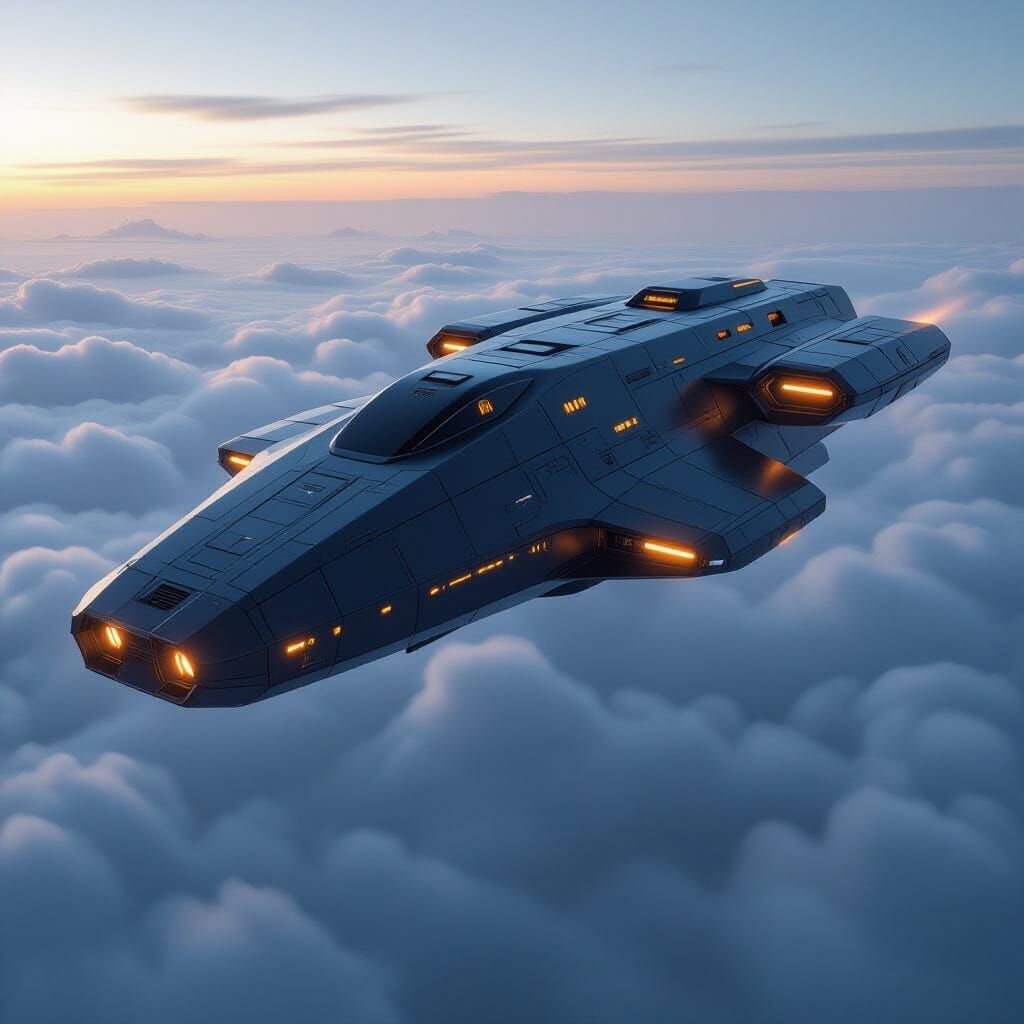Massive Futuristic Spaceship Over Clouds in Cinematic Light