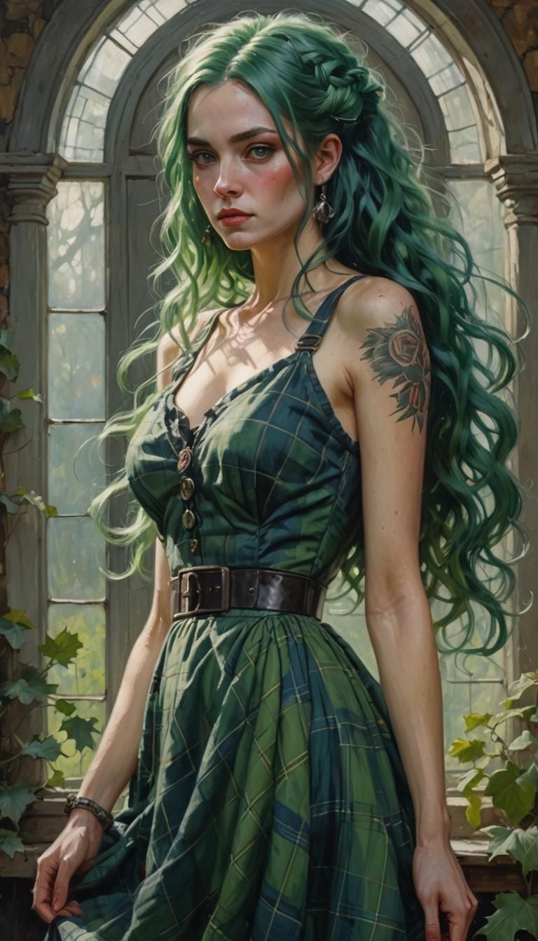 Whimsical Oil Painting of a Wild Woman in Plaid