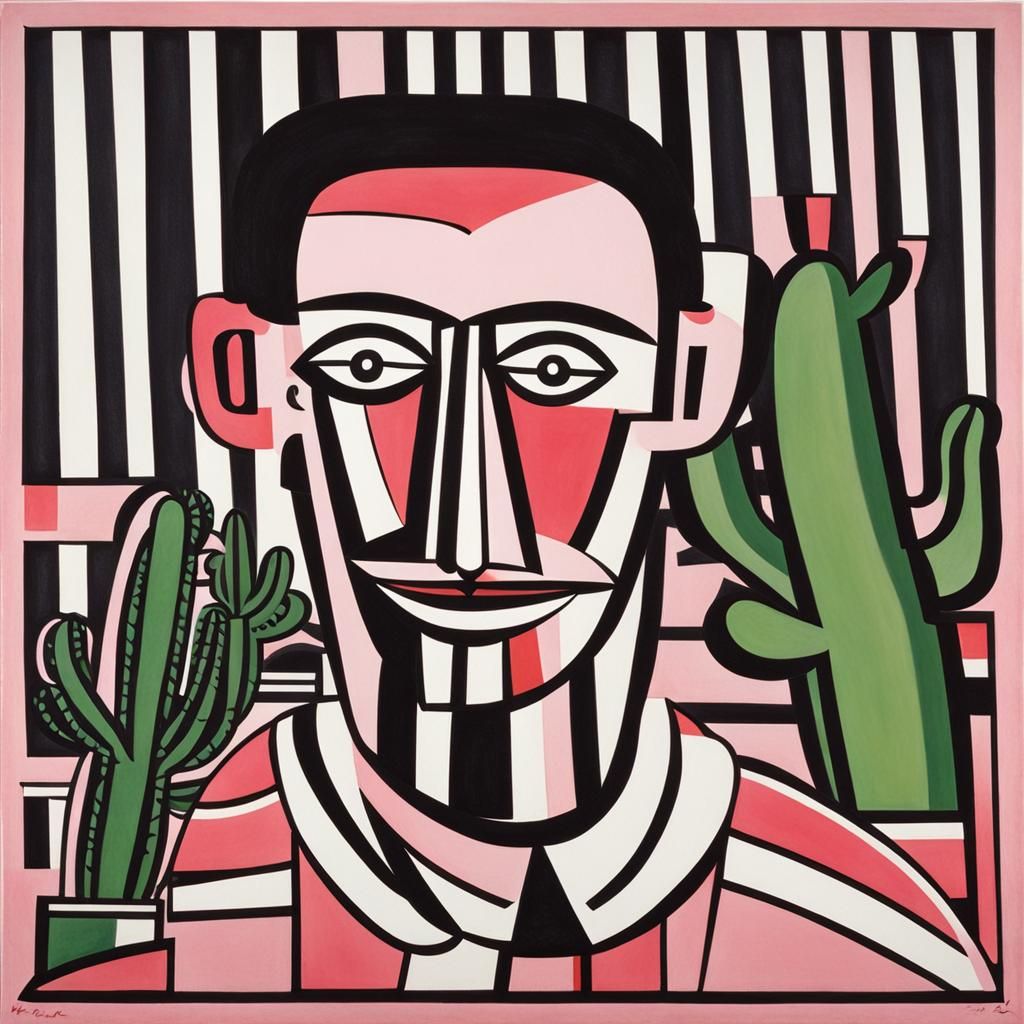 Pink Cactus Man Portrait in Cubist Style