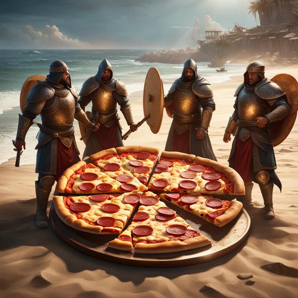 Pizza War on Deserted Beach: Dark Fantasy Art