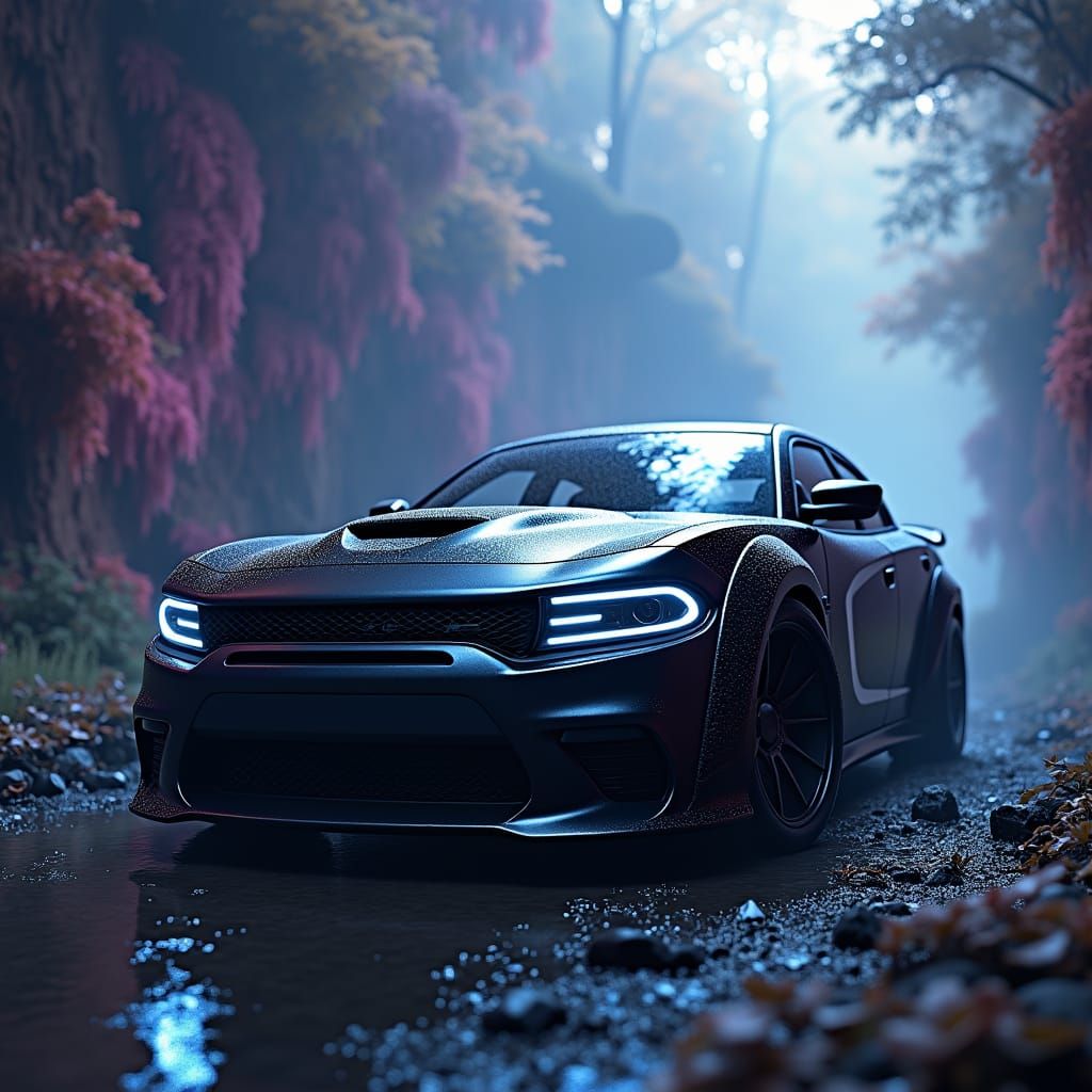 Black Dodge Charger in Fantasy Landscape, 8K