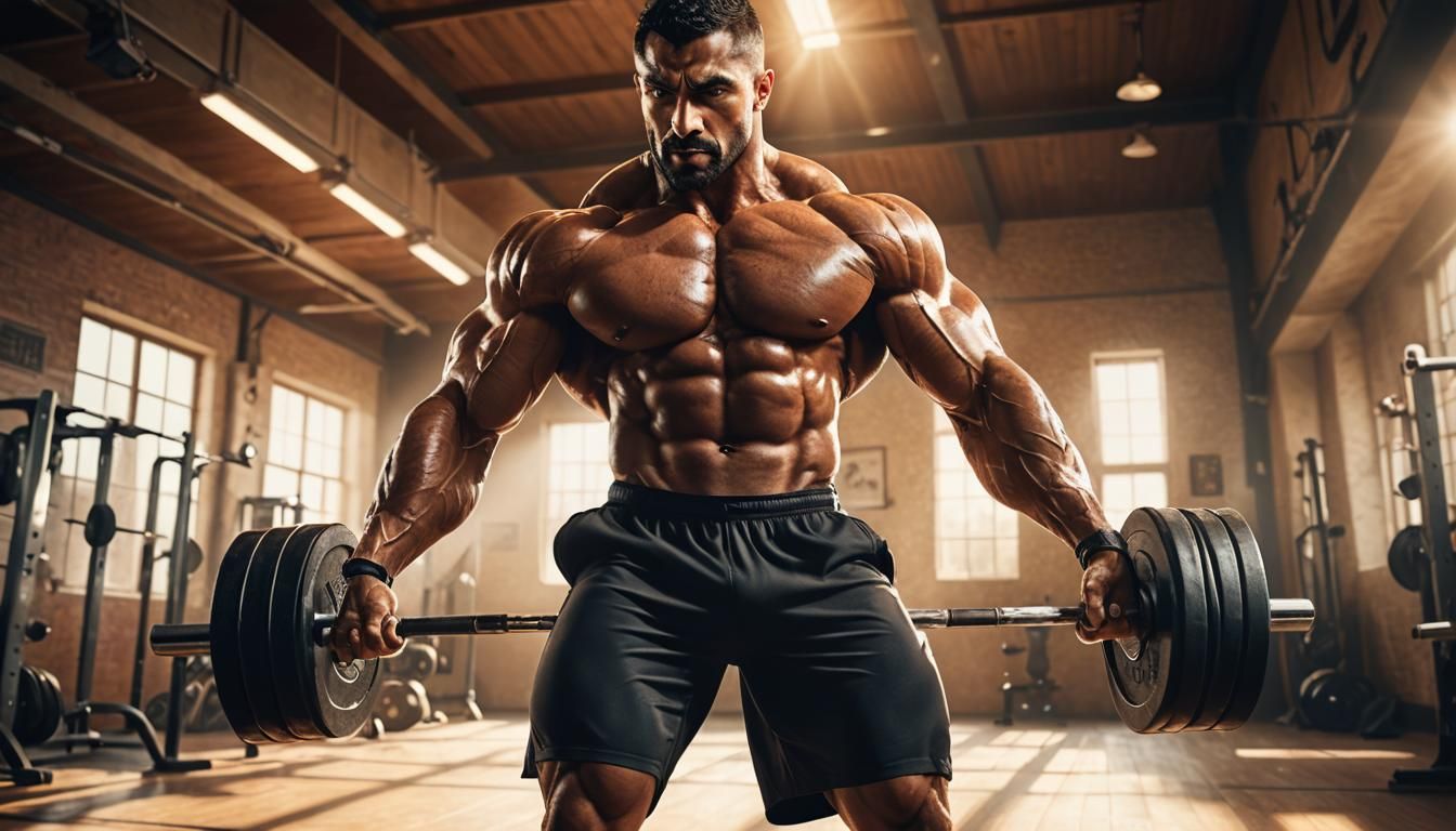 Arab Bodybuilder in Sunlit Gym: Digital Art