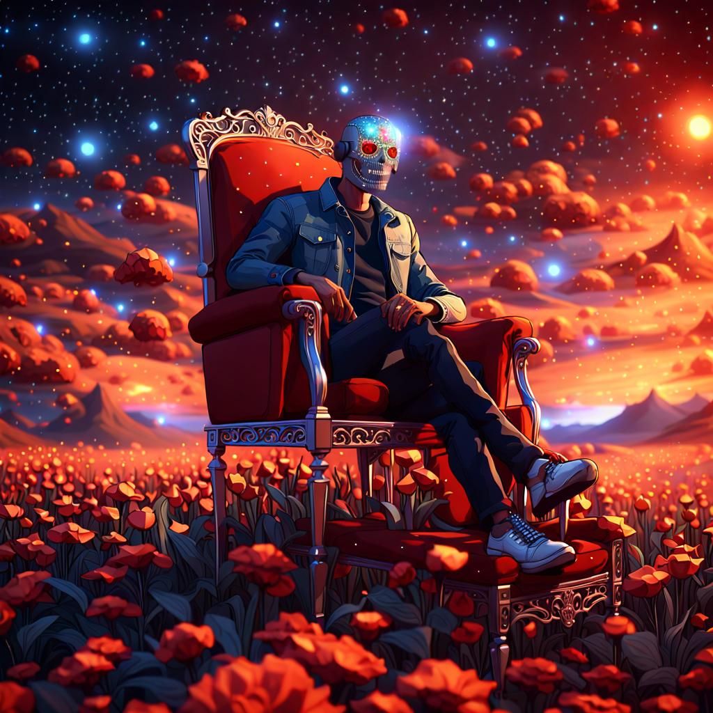 Man in Metal Mask Among Flowers at Night