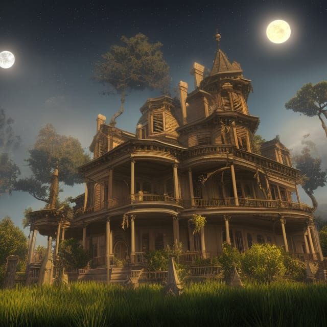 Haunted Mansion Graveyard Under Colorful Moon, 3D Render