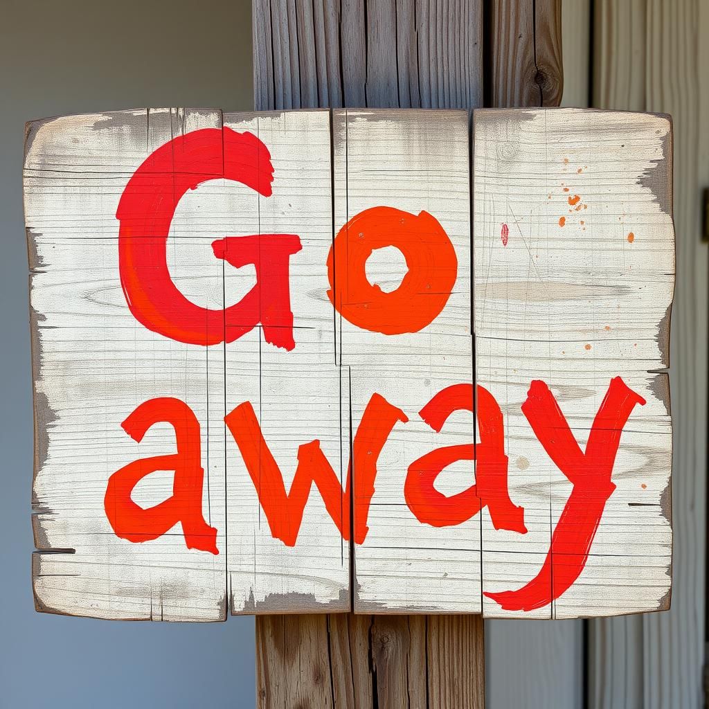Distressed Sign with Hand-Painted "Go Away" Message