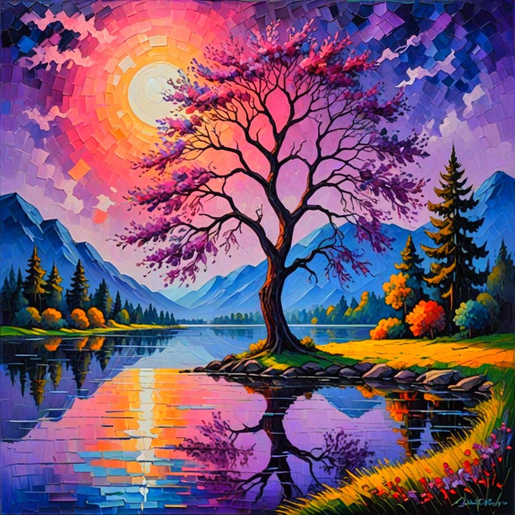Fantasy Tree Reflecting Purple Moon: Expressionist Oil Paint...