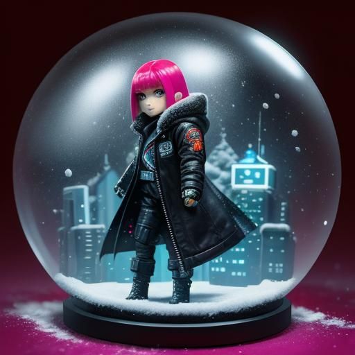 Cyberpunk Little Match Girl in Snow Globe