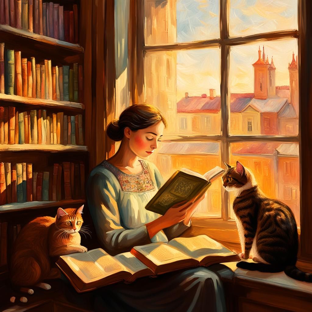 Impressionist Reading Scene with Cats and Books