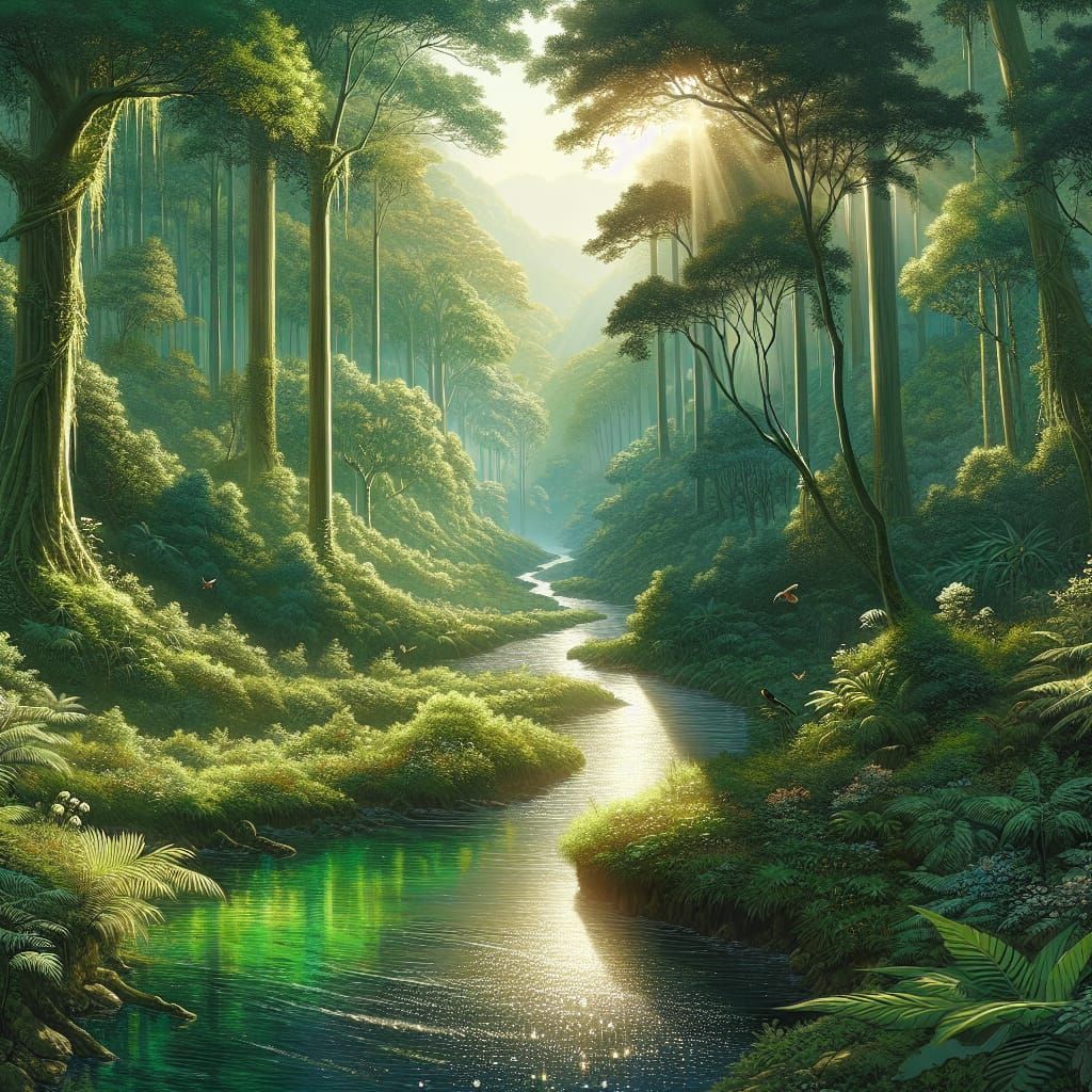 Lush Forest Valley with River in Sunlight