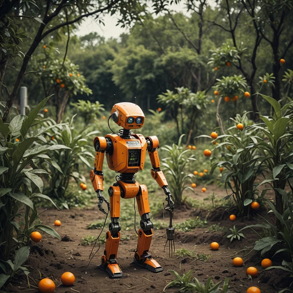 Orange Farming Robot with Pitchfork: Cinematic Film Still