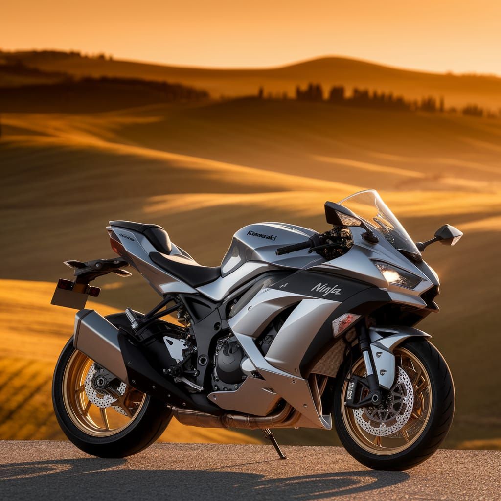 Kawasaki Ninja H2R Motorcycle at Sunset in Tuscan Hills