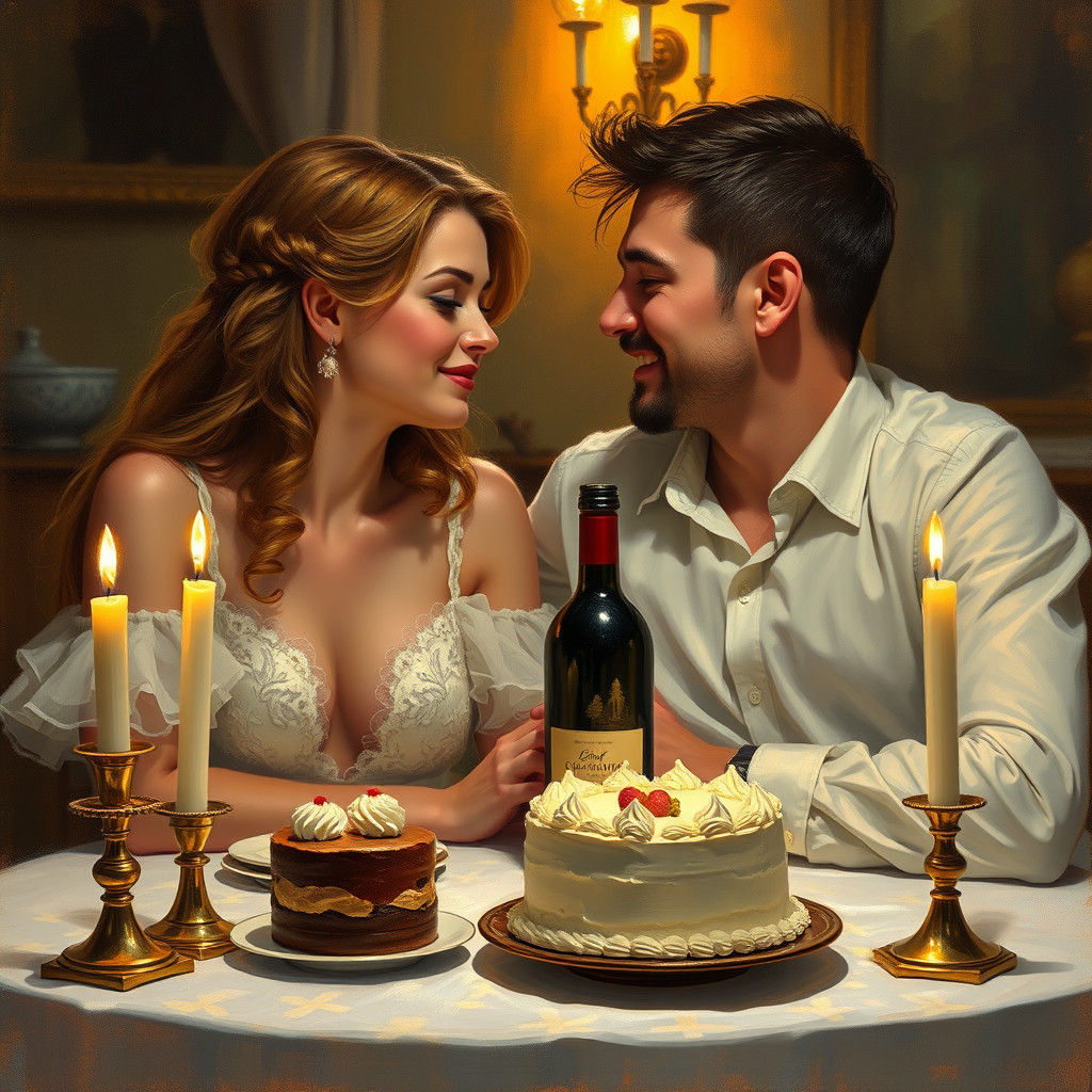 Romantic Couple Sharing Wine and Cake: Impressionistic Style