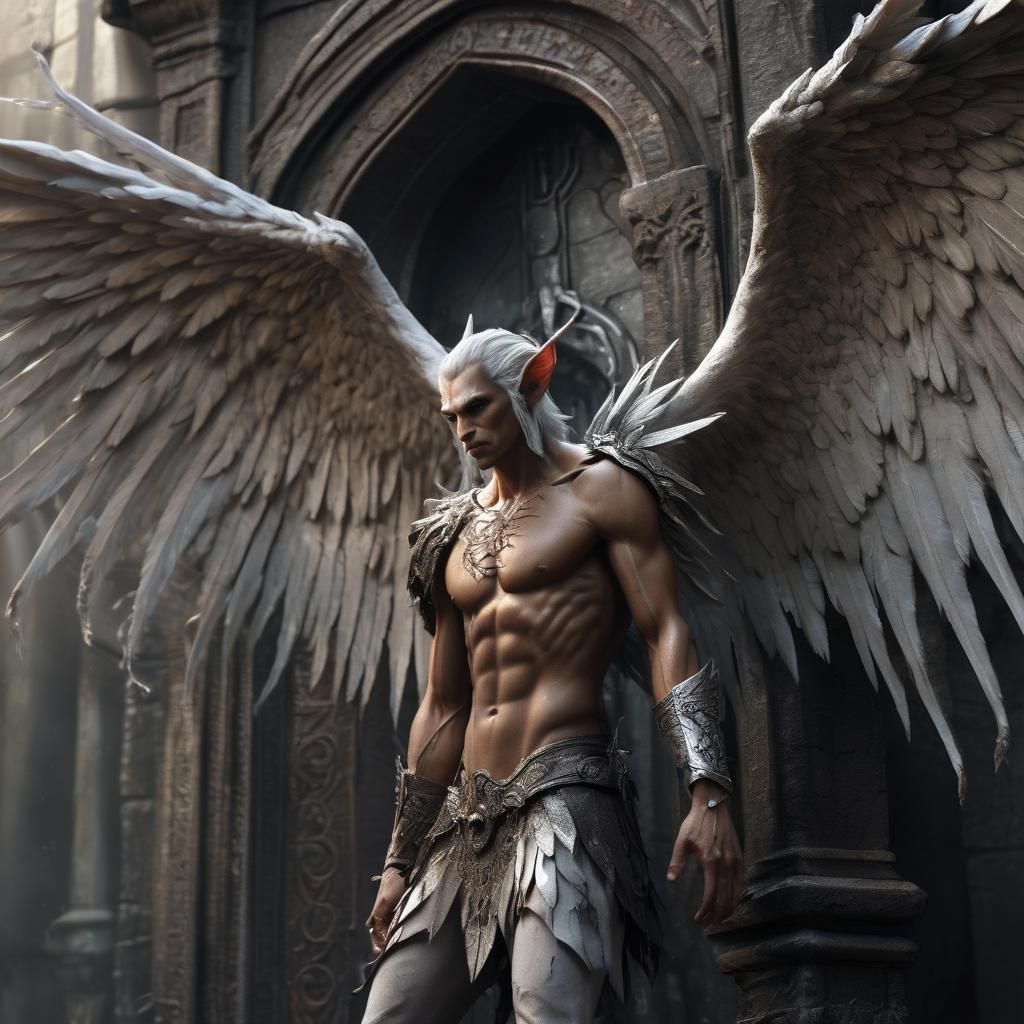Muscular Demon Elf with Angel Wings in Dark Fantasy Style