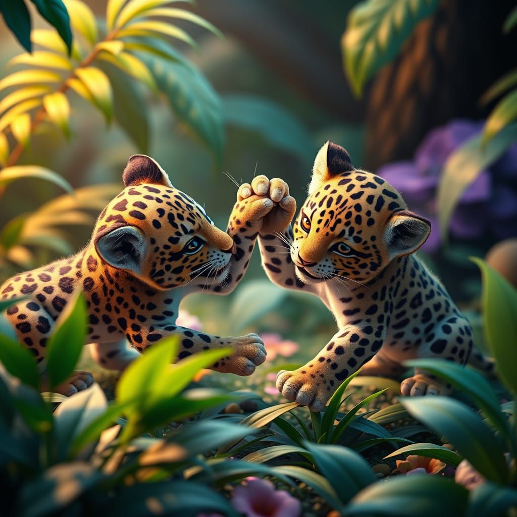 Cute Baby Leopards Play Fighting in a Vibrant Jungle Scene