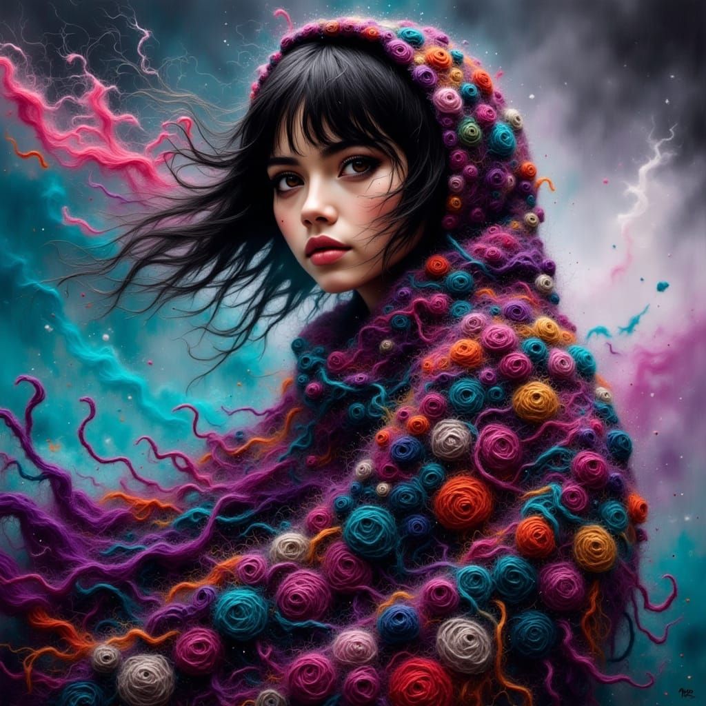 Majestic Shawl-Wrapped Woman in Turbulent Storm