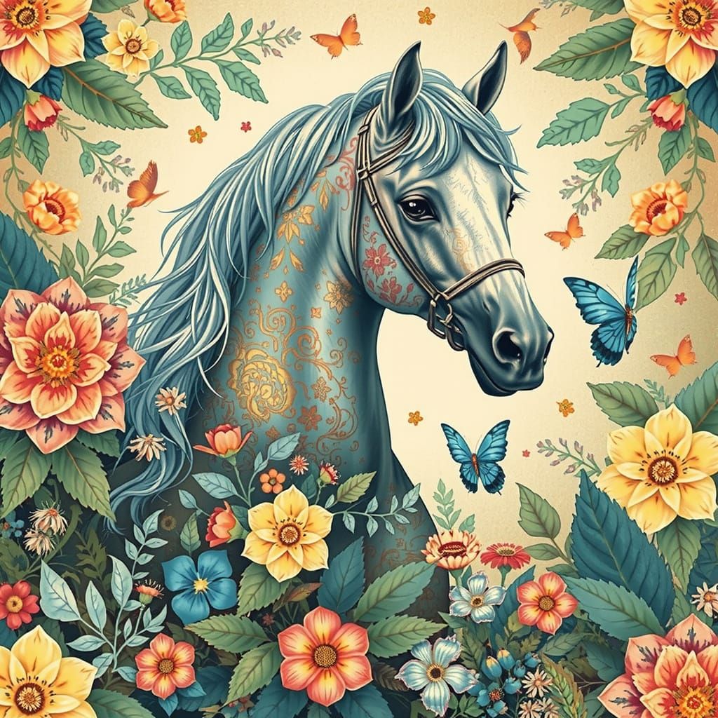Whimsical Floral Horse in Ethereal Landscape