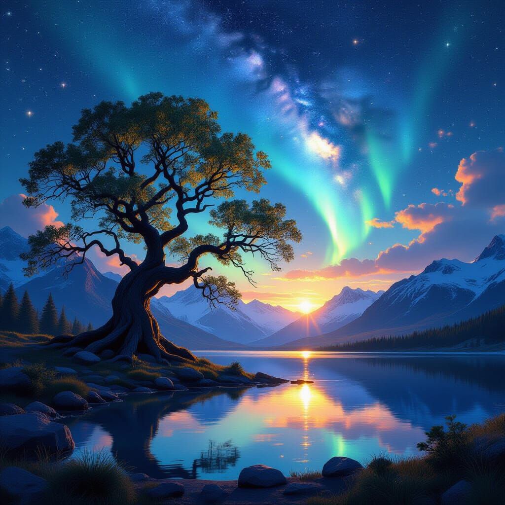 Cosmic Lake Landscape with Ancient Tree & Auroras