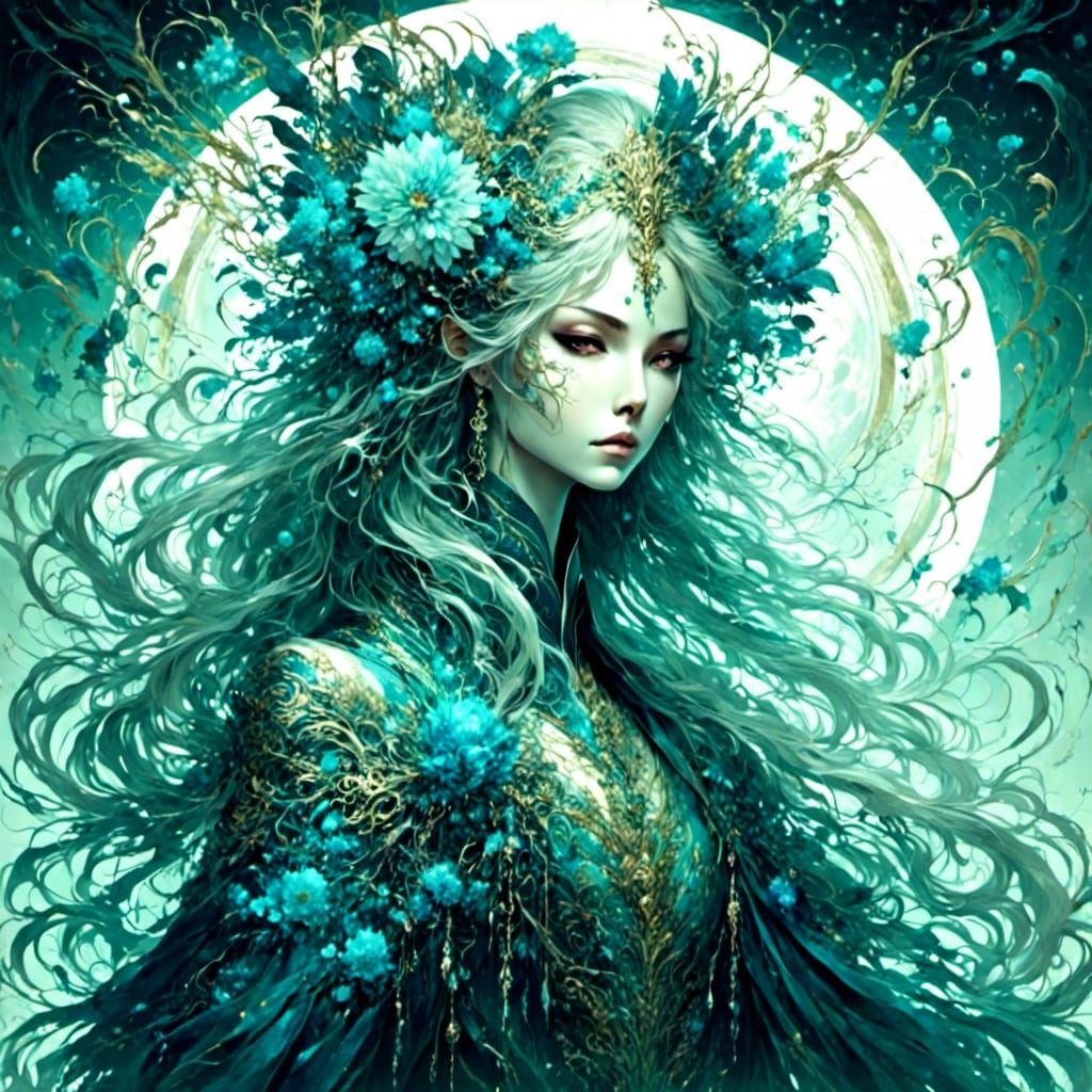 Ice Geisha with Moonflower in Whimsical Style