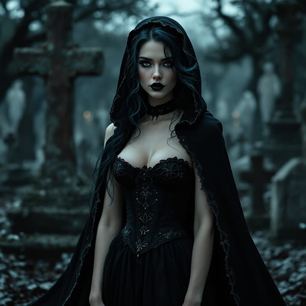 Majestic Woman in Black Cape in Cemetery