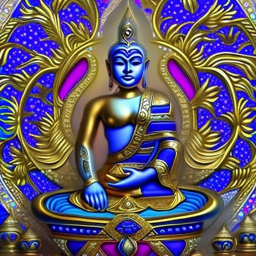 Golden Chibi Buddha Jewel-Tone Maximalist Painting