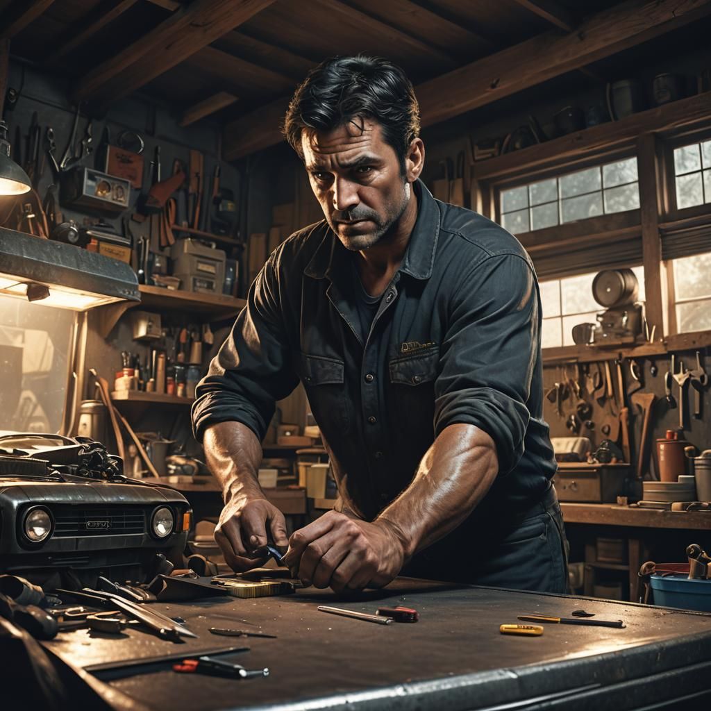 Garage Scene: Man Working on Truck, Fantasy Concept Art