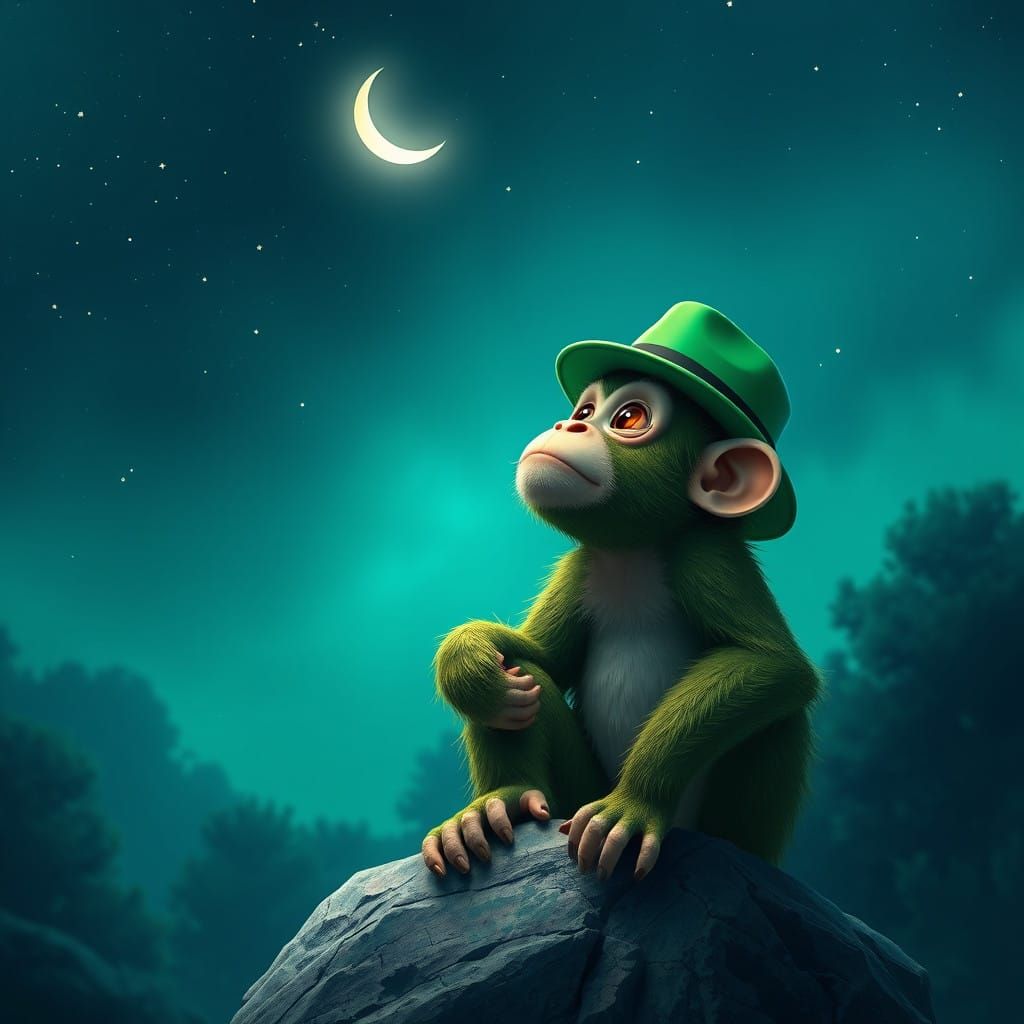 Mystical Monkey in Starry Green Forest