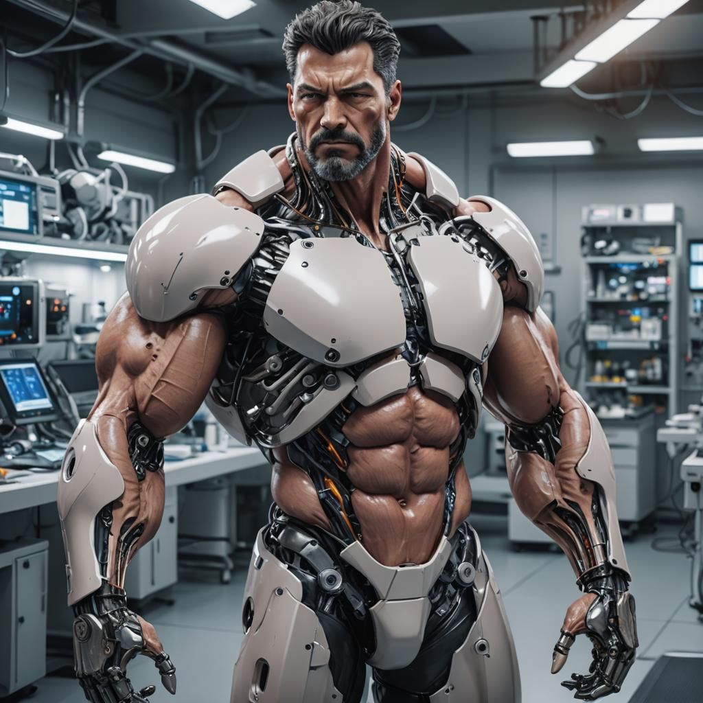 Hyperrealistic Cybernetic Man Repairs Himself in Laboratory
