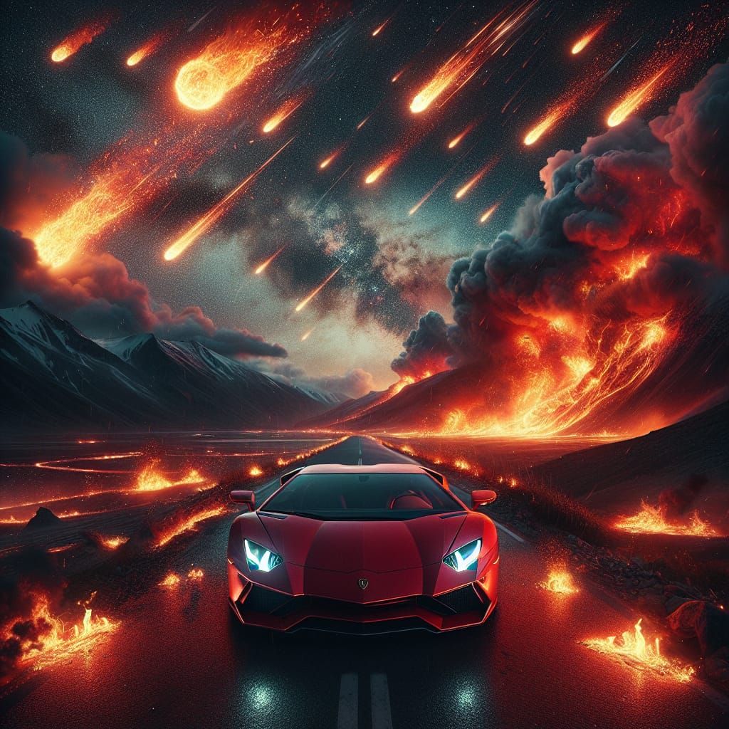 Lamborghini in Fiery Landscape with Meteors