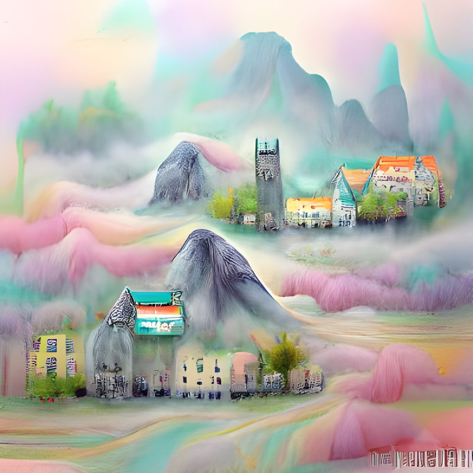 Pastel Gothic Village in Misty Mountains