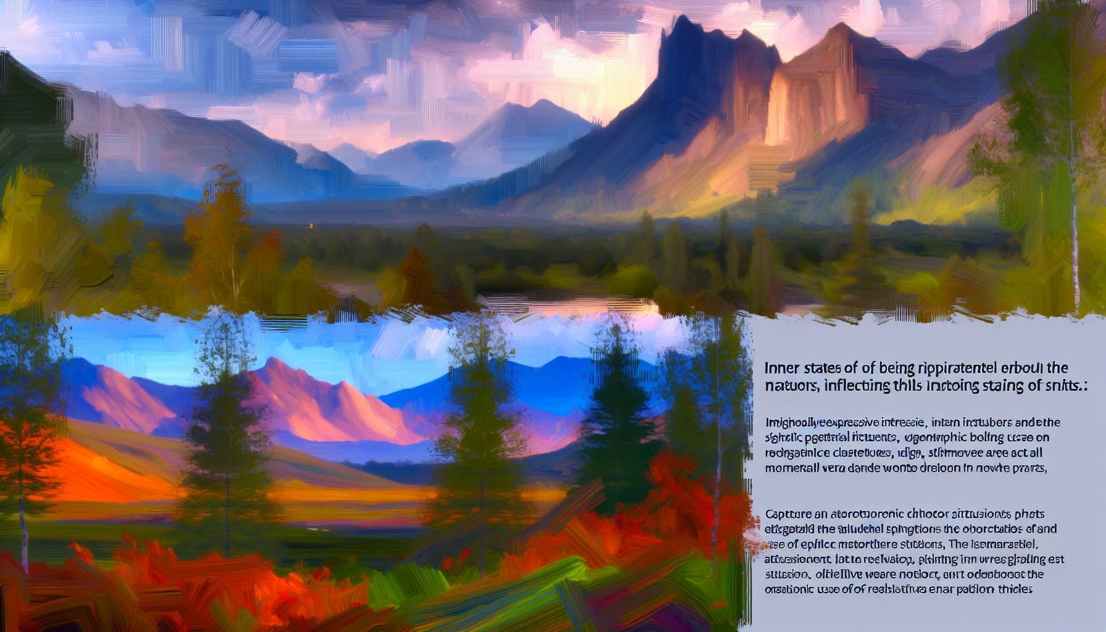 Natural landscape reflecting inner states of being, vibrant color palettes, dynamic weather effects, majestic geographic...