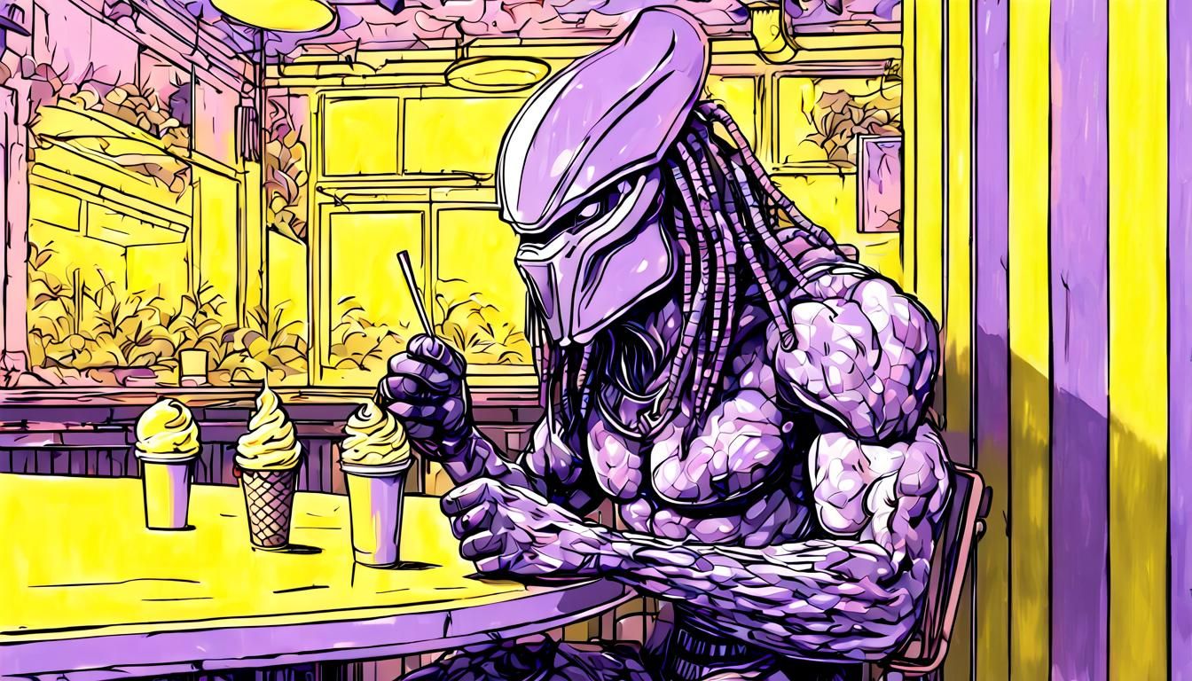 Predator's Neon Ice Cream: Hyperdetailed Charcoal Drawing