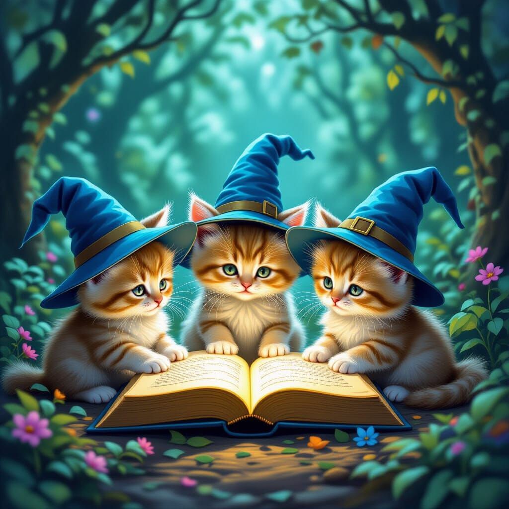 Kittens in Wizard Hats Reading a Glowing Book