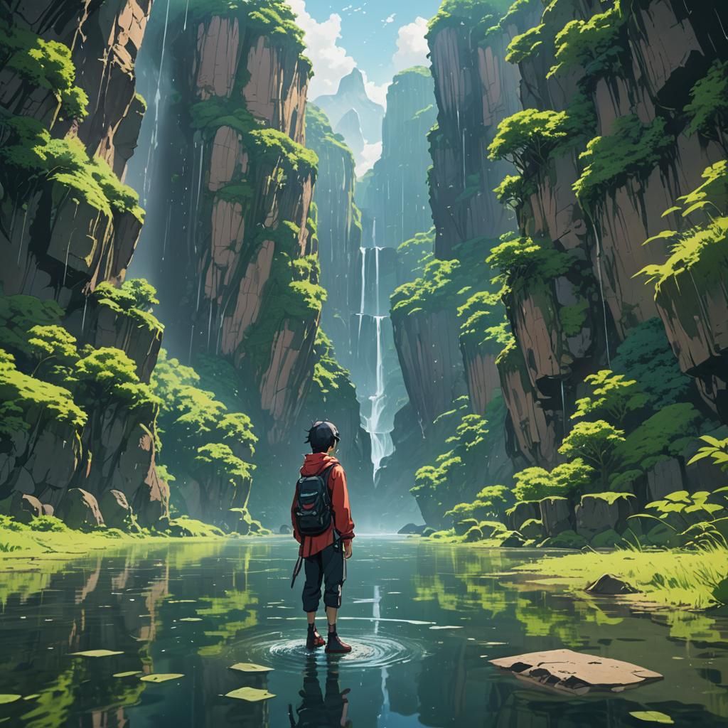 Anime Figure in Serene Water Valley