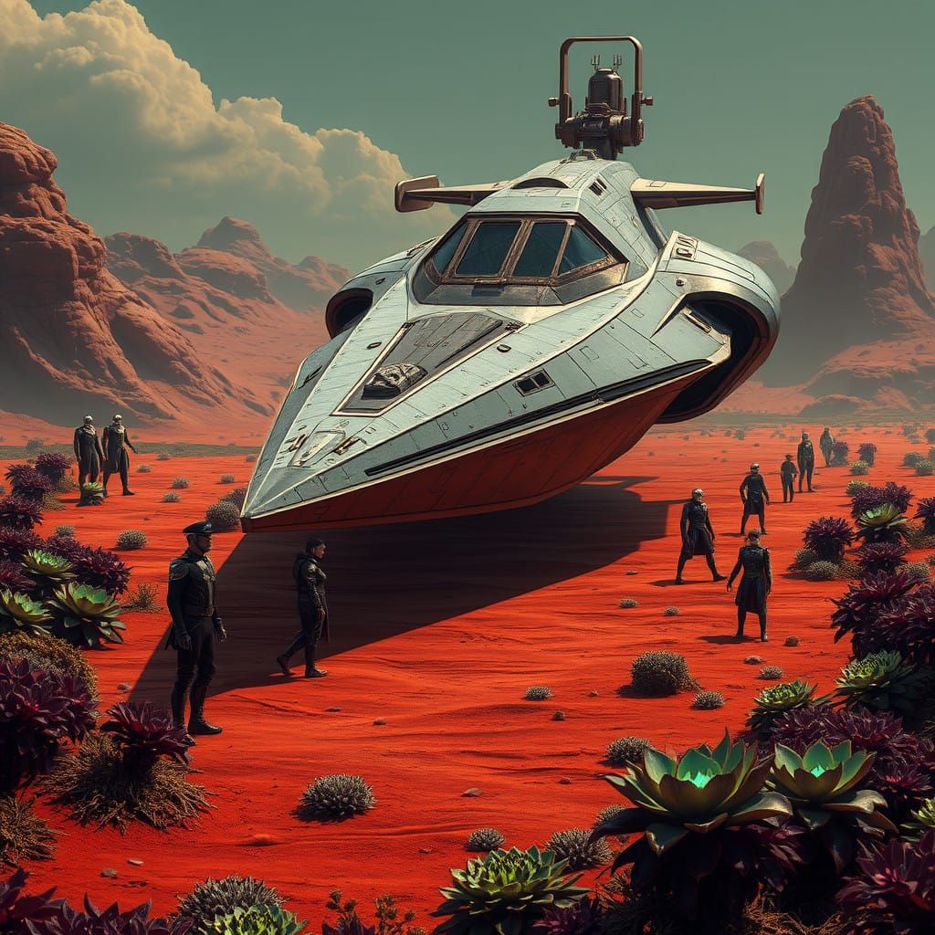 Surreal Spaceship on Alien Planet with Humans and Robots