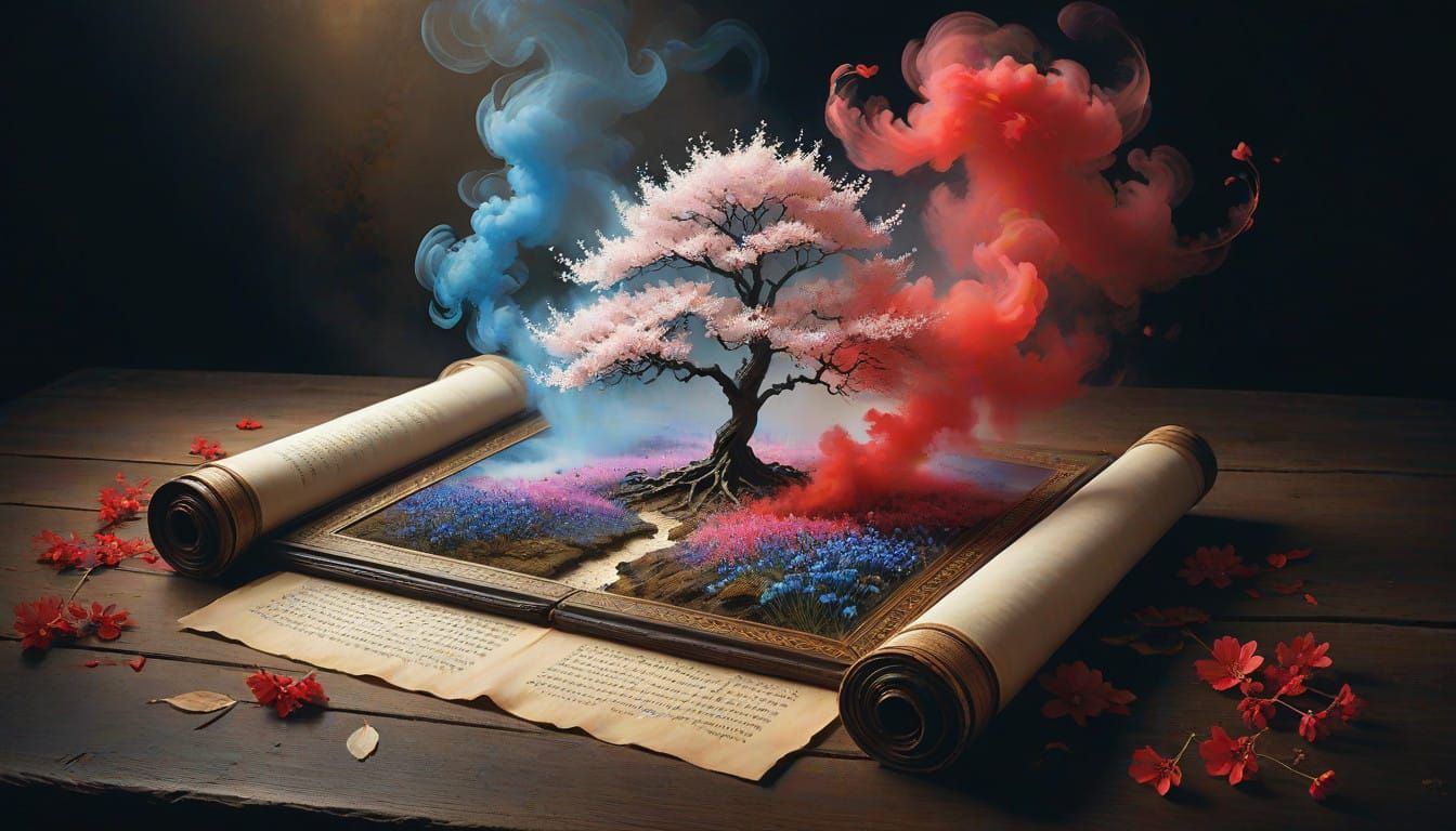 A painting of sakura tree coming to life. 