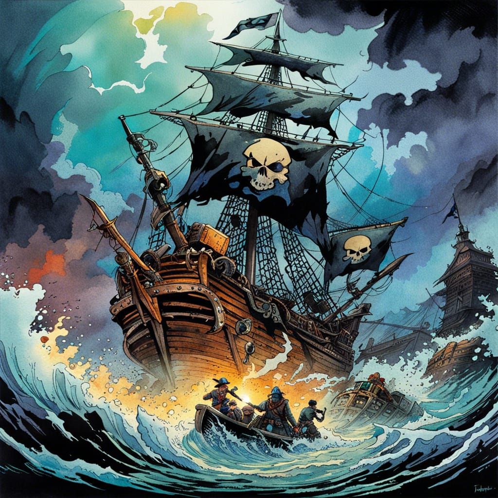 Stormy Pirate Flag in Watercolor Comic Art Style