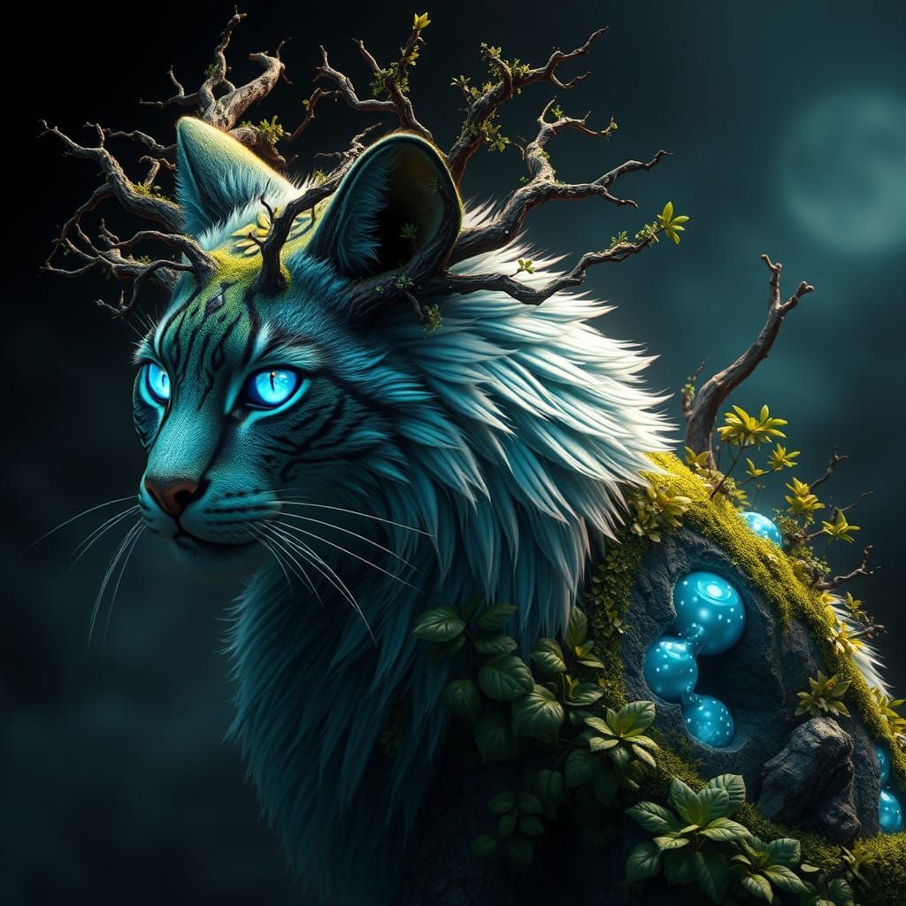 Majestic, Moonlit Wild Cat with Lush Mini-Forest and Glowing...