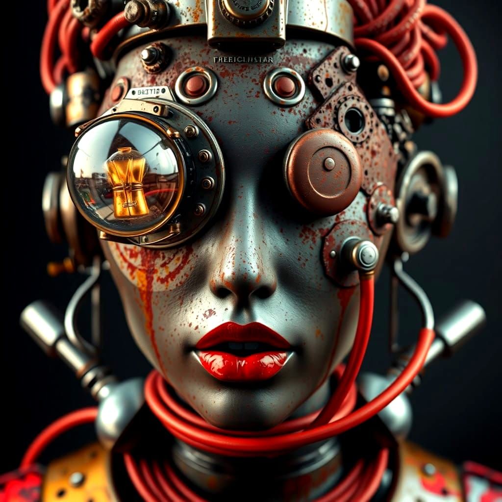 Assemblage Pop Art: Woman in Rusty Engine Parts and Tools