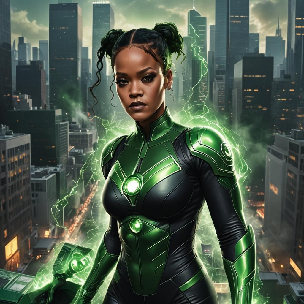 Rihanna as Green Lantern in Hyperrealistic Cityscape