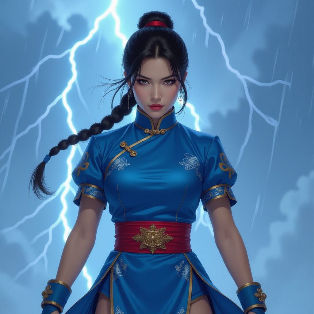 Chun Li Amidst Storm, Hyper-Realistic Art Nouveau Portrait