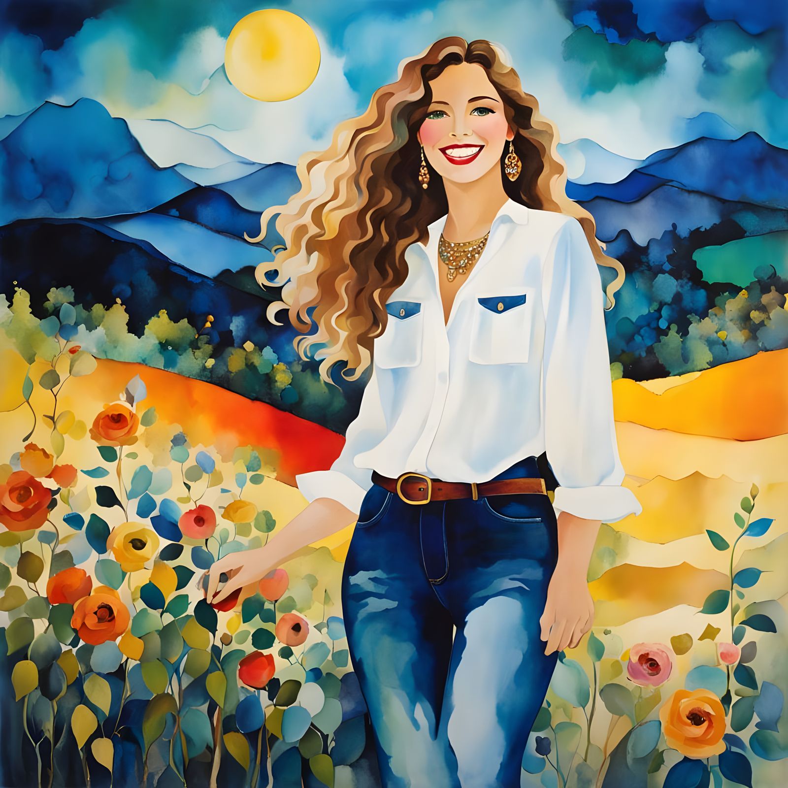 alcohol ink , Rosina Wachtmeister, Mary Blair, Van Gogh: full body of a beautiful smiling girl; Detailed image of an all...