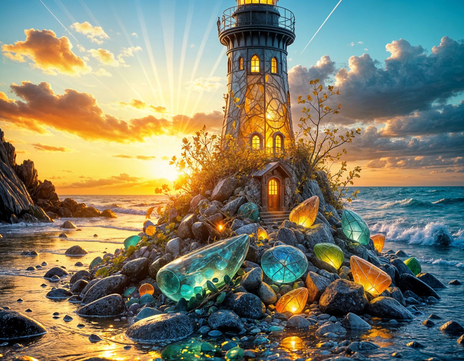 Glowing Sea Glass Lighthouse in Golden October