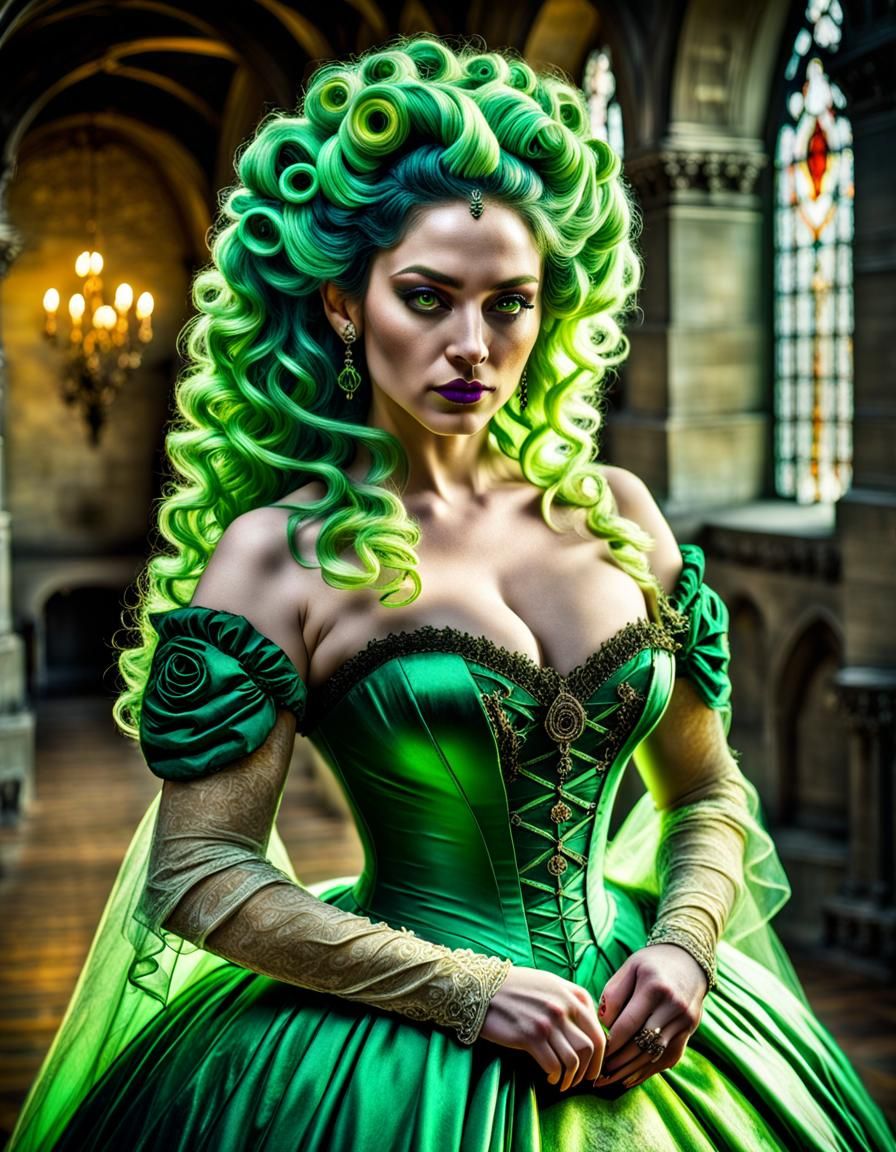 Fluorescent Green Hair, 15th Century Gown, Hyperrealistic Ph...