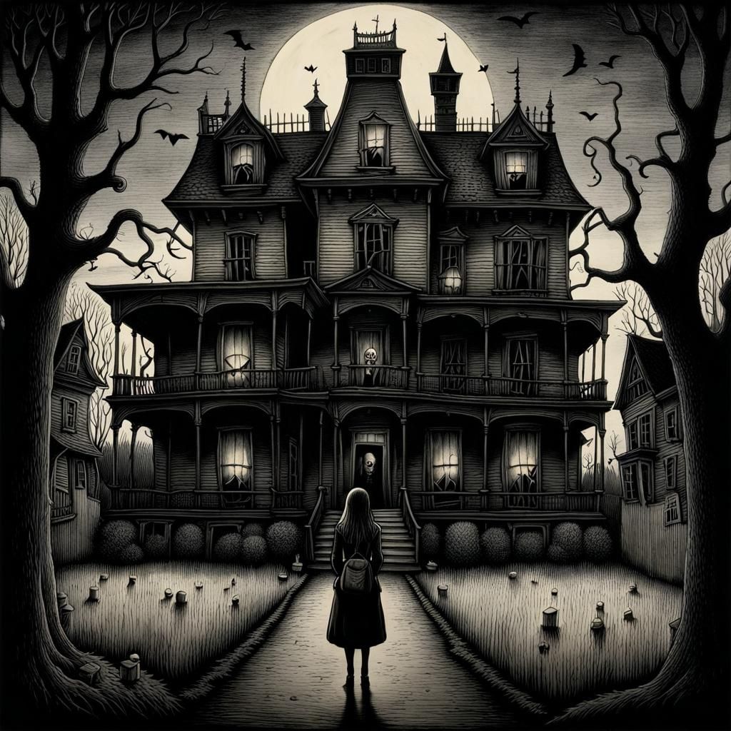 Woman in Front of Haunted House: Pen and Ink