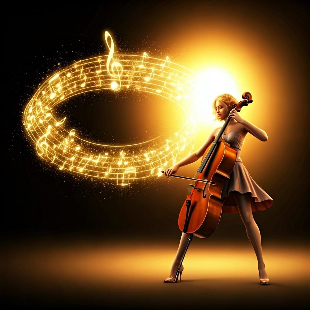 Musical Woman Playing Cello in Futuristic Style