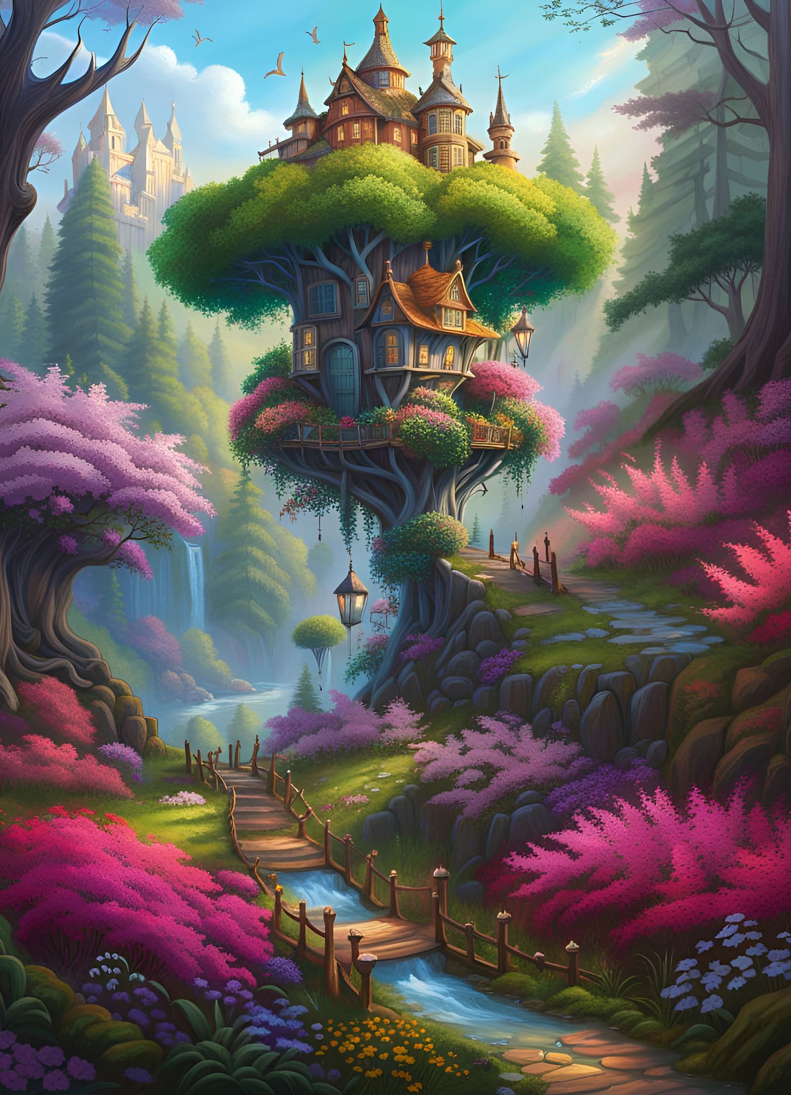Enchanted Floral Tree-City in Hyper-Detailed Painting