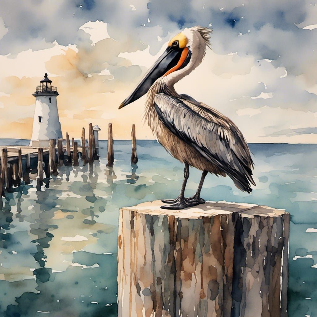 Pelican on Dock in Antique Watercolor Style