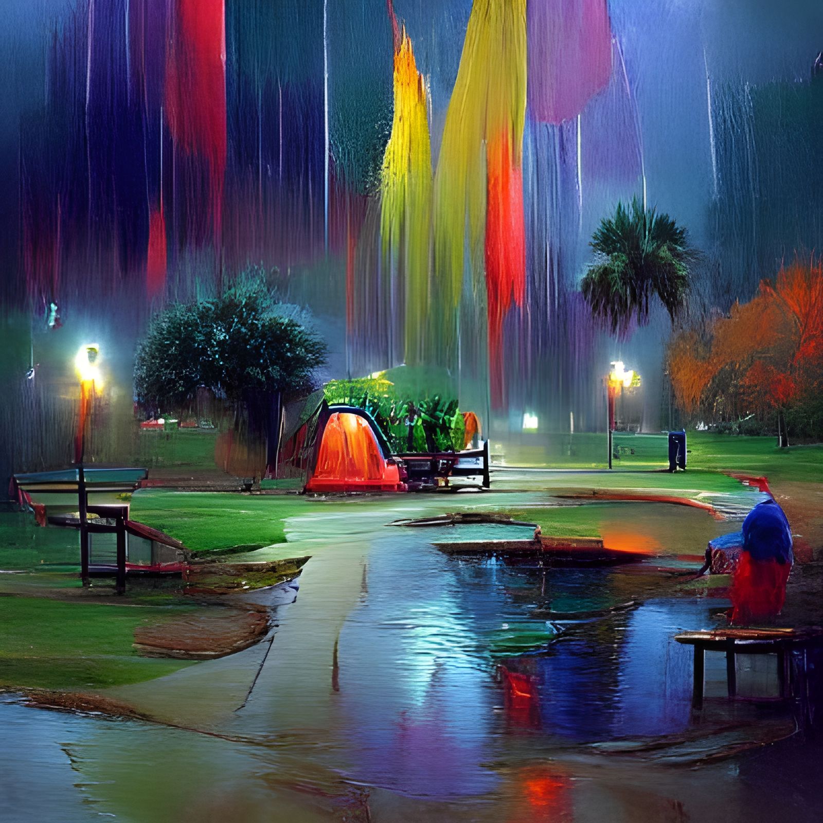 Rainy Night Park Scene, Oil Painting Style