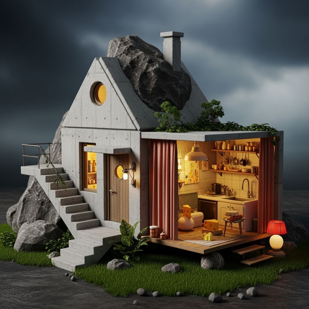 Cozy Brutalist Rock House with Cheese Interior