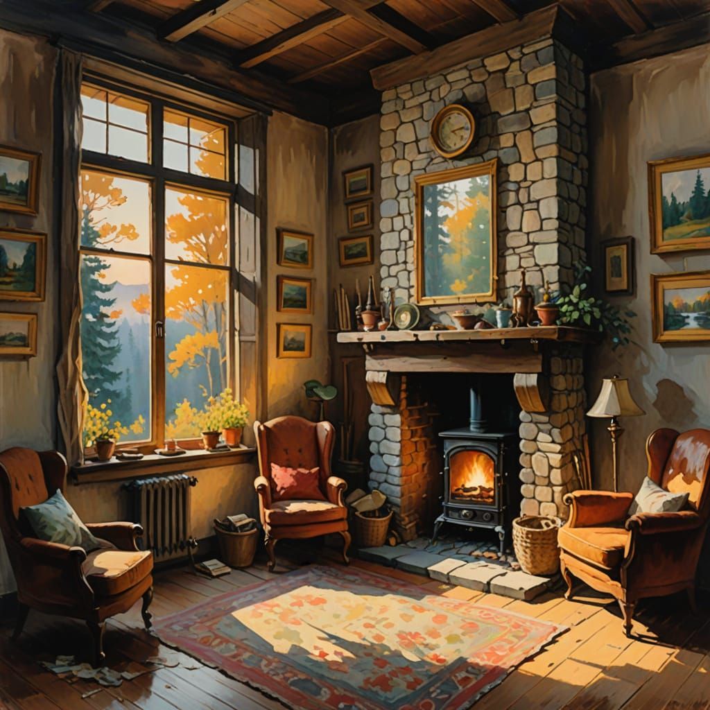 Warm Cabin Interior with Misty Forest Landscape in Gouache I...